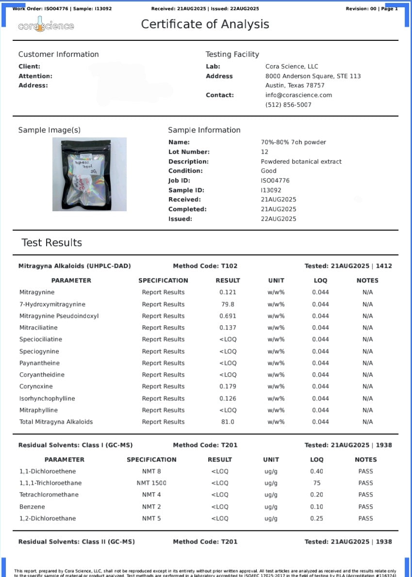 79.8% TAB WORLD THAI 🔥  7-hydroxymitragynine (full Cora labs with residuals)